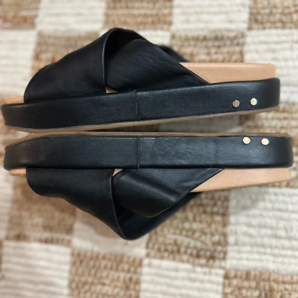 beek Black Leather Crossband Slide Sandals with Tan Footbed